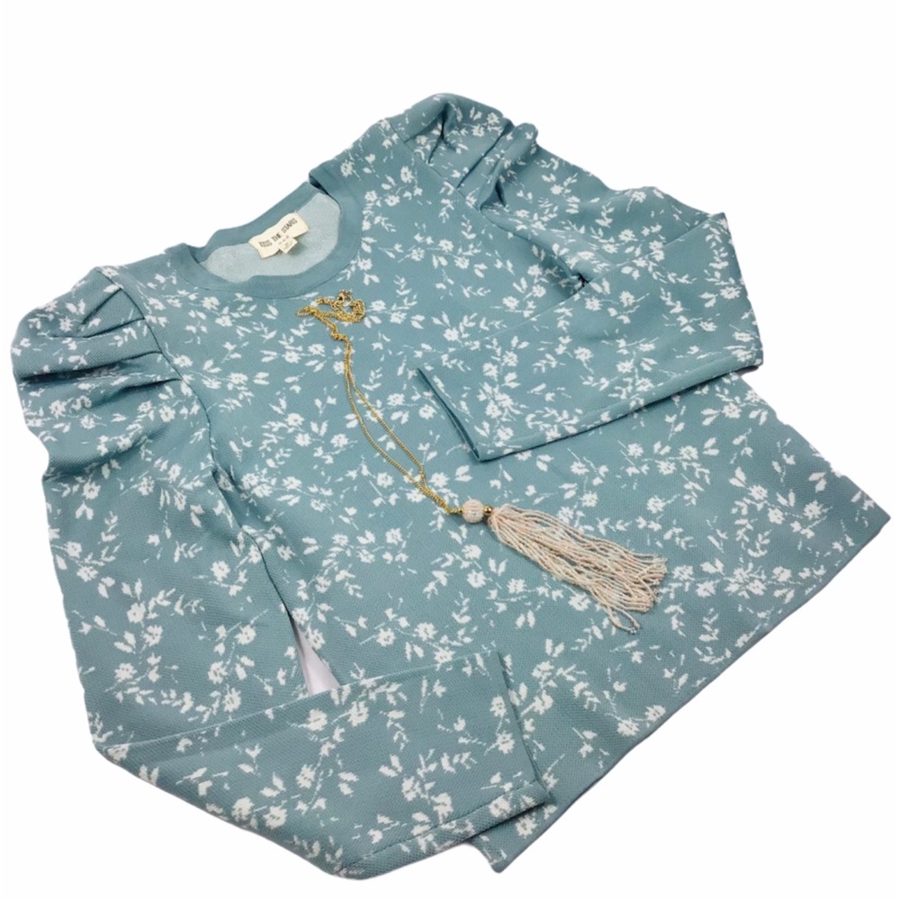 💙 Jacquard Knit Puff Sleeve Sweater Blouse